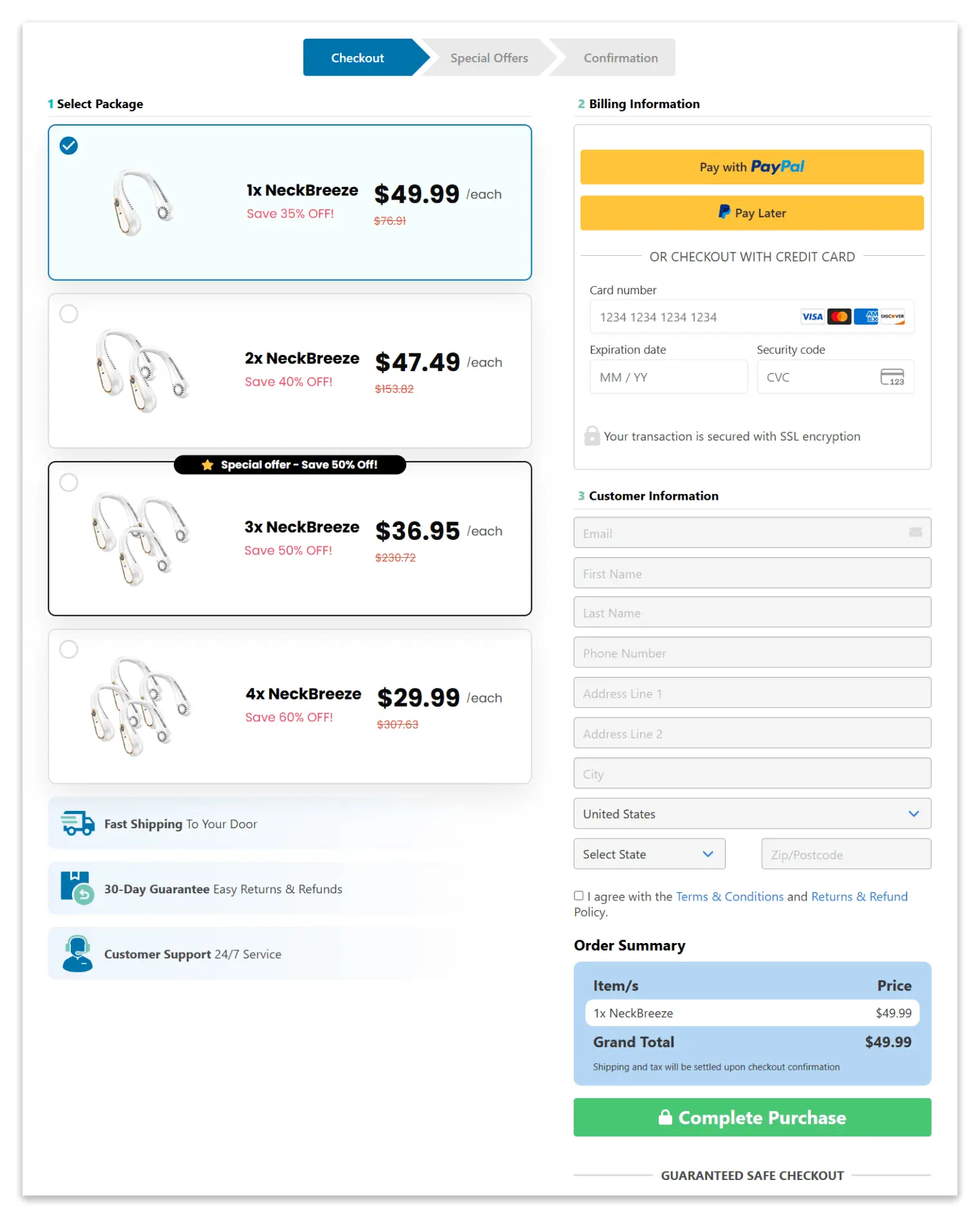 NeckBreeze checkout page
